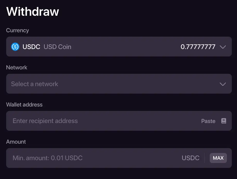 CHEXX withdrawal screen with cryptocurrency and network selection