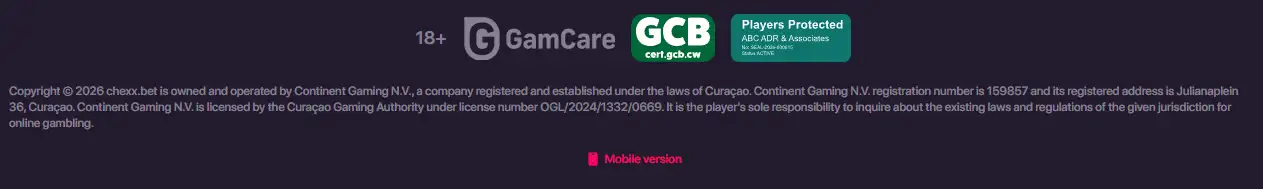 CHEXX licence disclosure showing Continent Gaming N.V. and Curaçao licence details