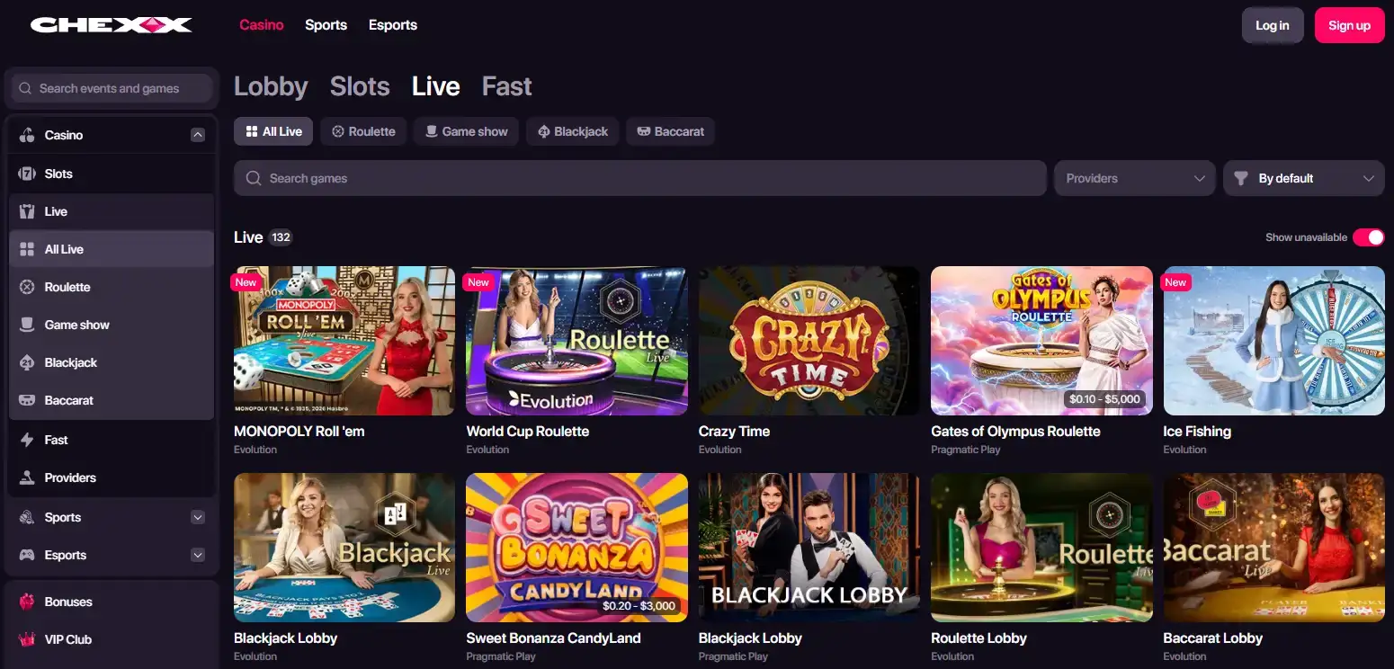 CHEXX live casino lobby with streamed table categories