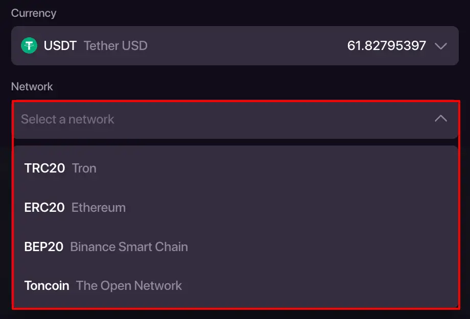 CHEXX deposit screen with cryptocurrency and network selection