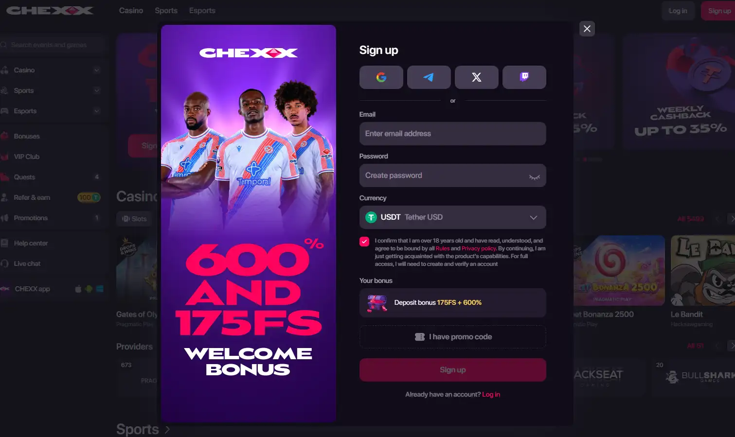 CHEXX registration and account creation interface