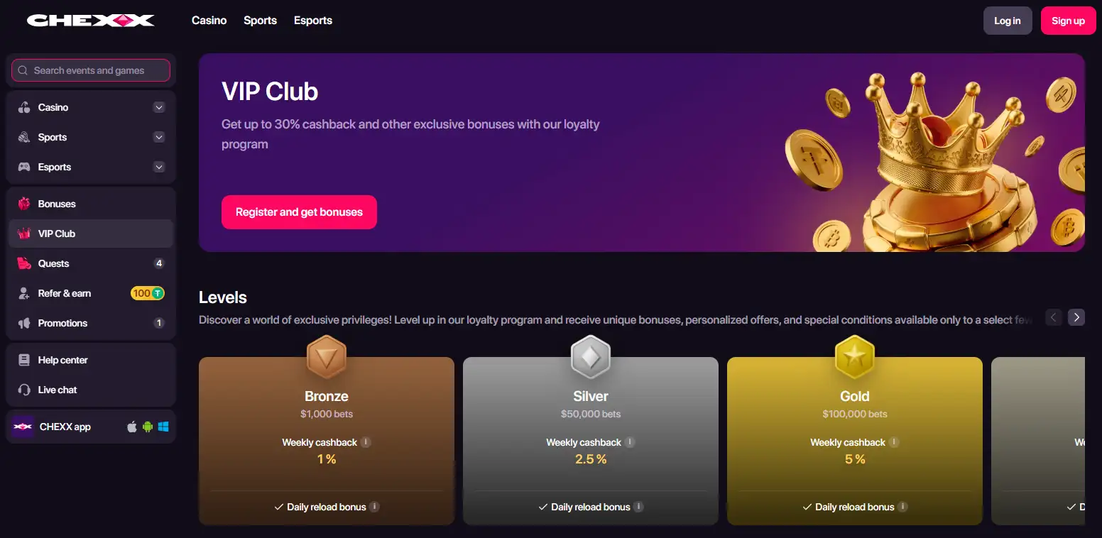 CHEXX VIP club and recurring promotions interface