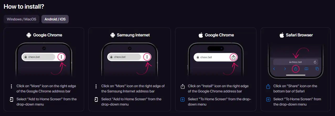 CHEXX PWA installation interface on a mobile device