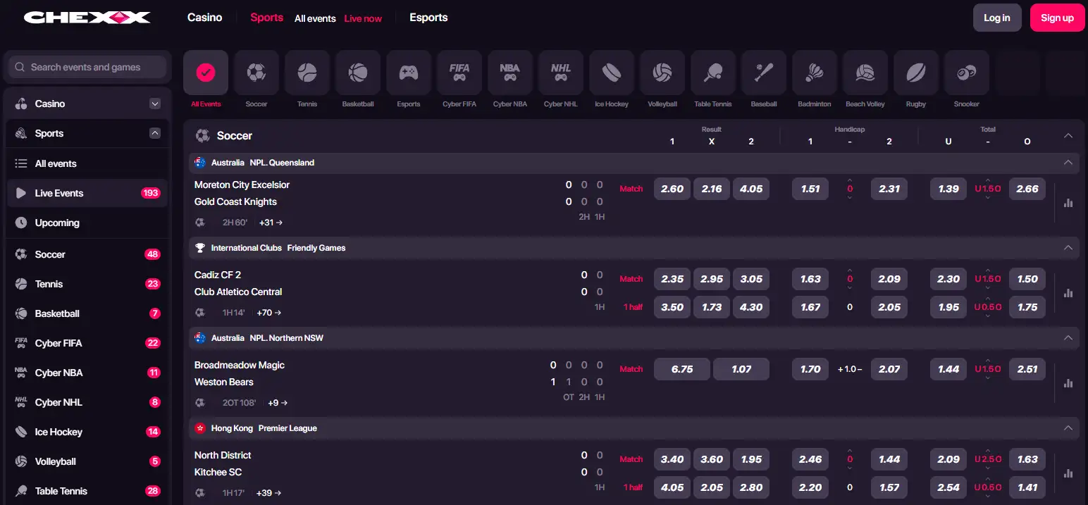 CHEXX sportsbook and esports betting interface