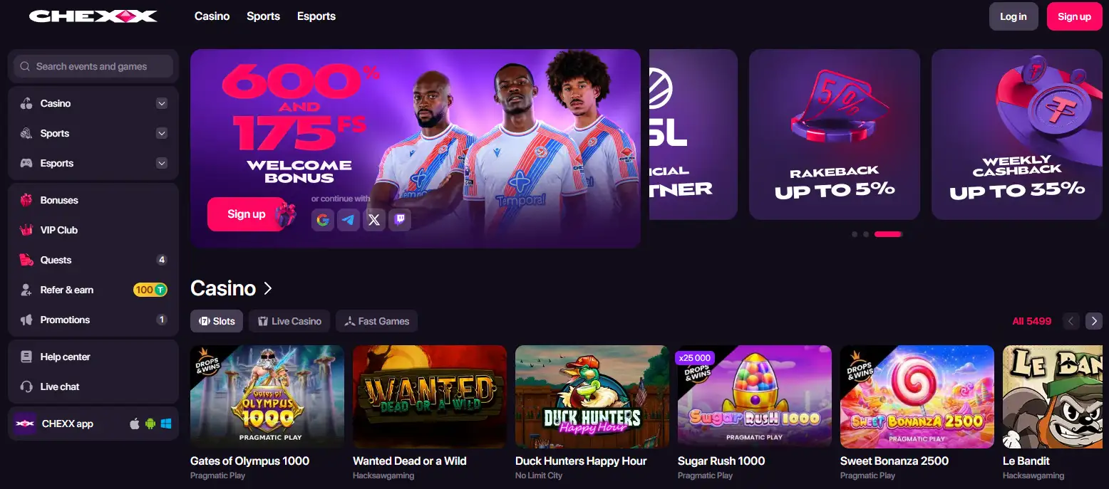 CHEXX welcome bonus and promotions interface