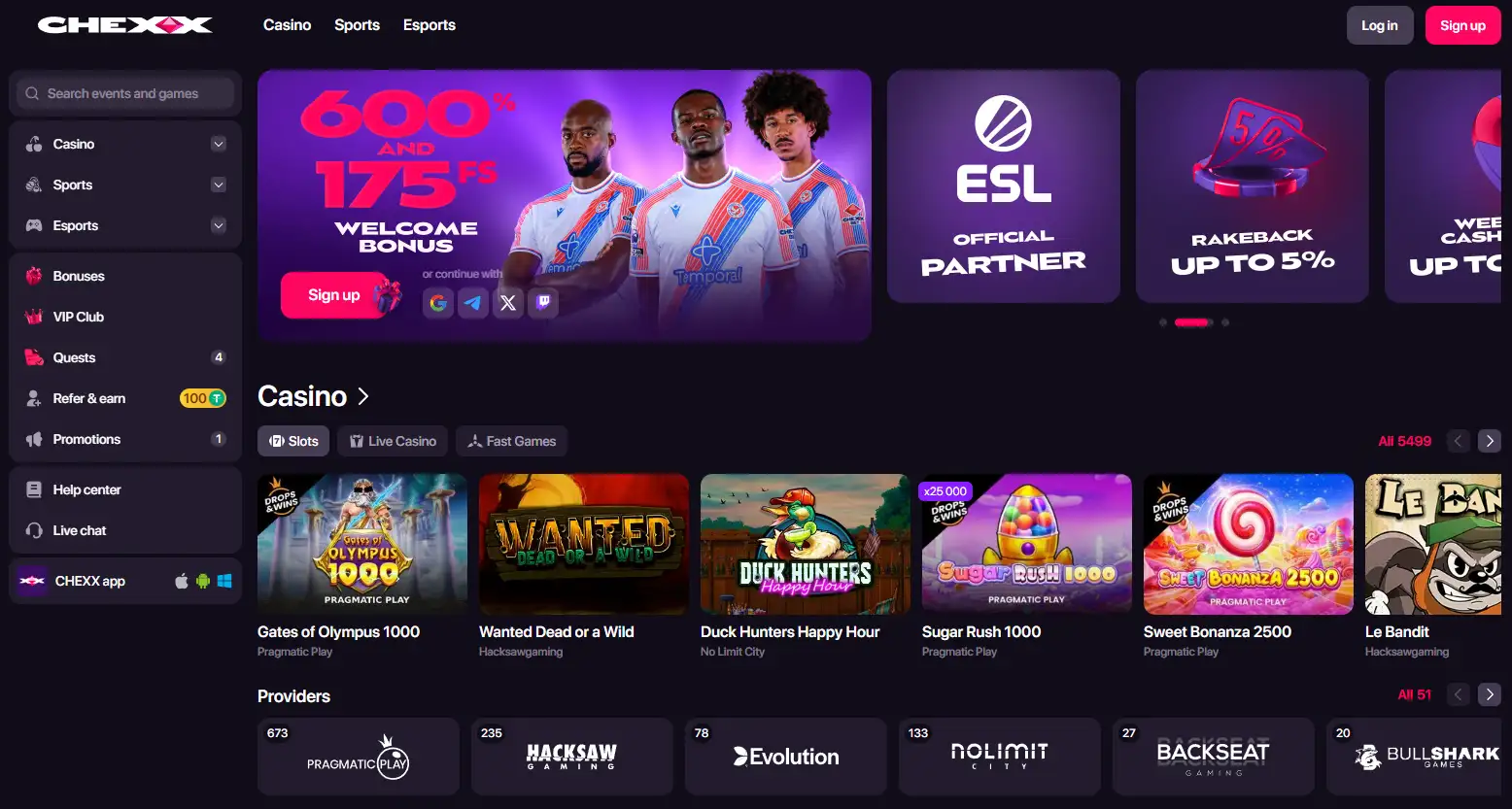 CHEXX homepage and casino interface