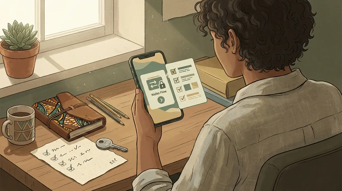 Editorial illustration of a Nigeria-based mobile user reviewing a crypto casino checklist